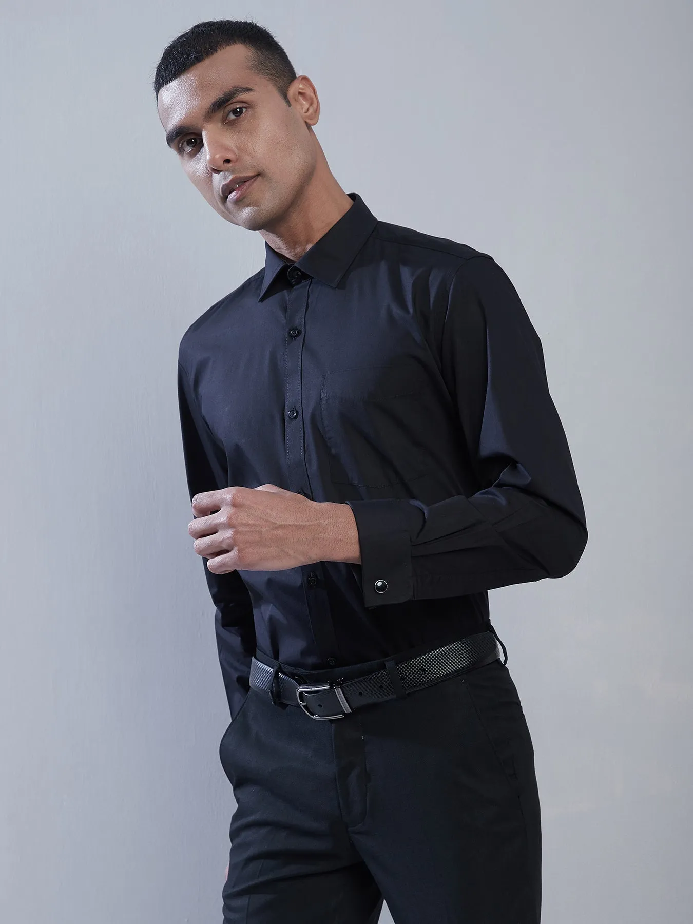 100% Cotton Navy Blue Plain Regular Fit Full Sleeve Formal Shirt