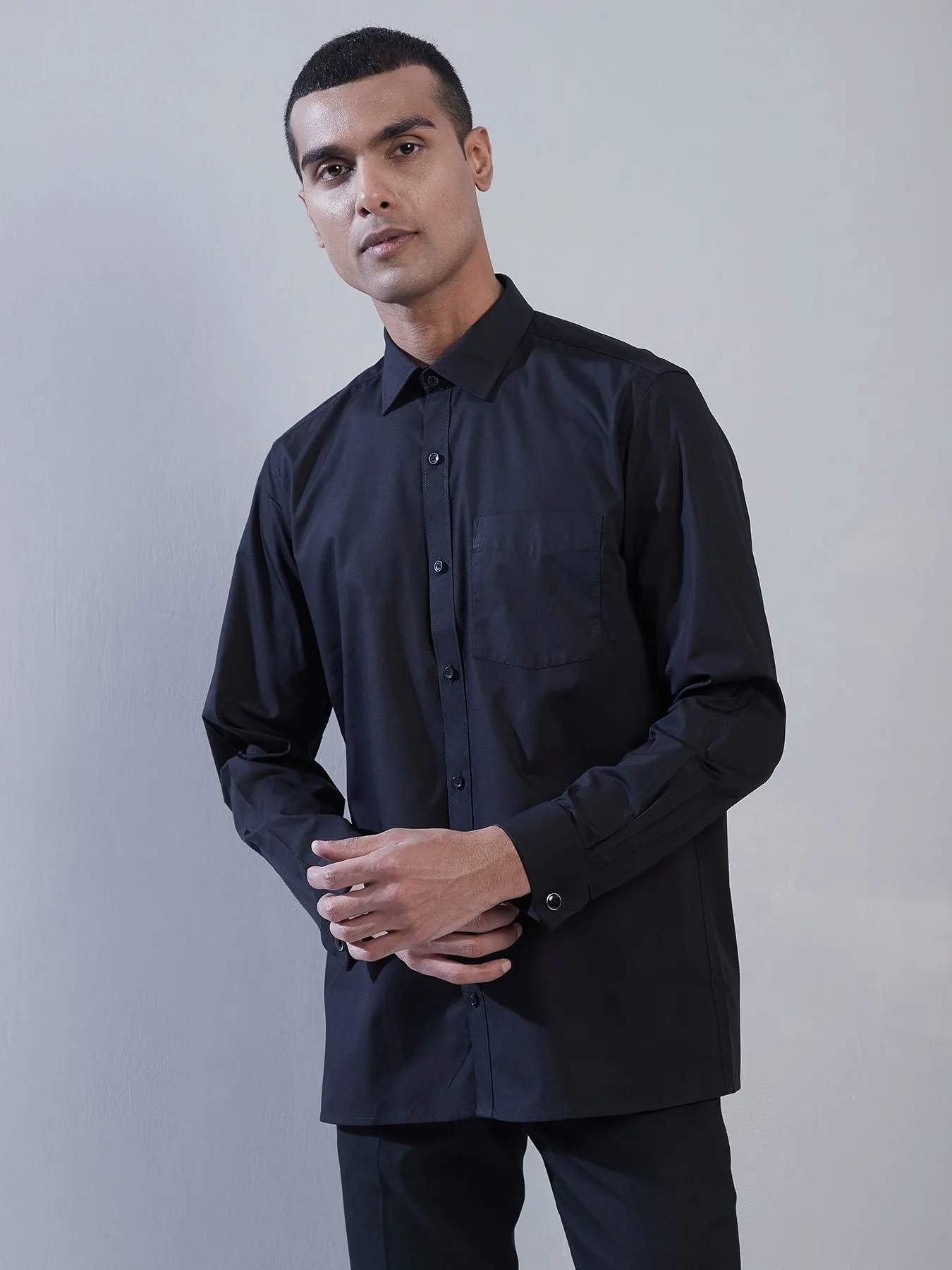100% Cotton Navy Blue Plain Regular Fit Full Sleeve Formal Shirt