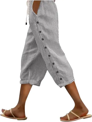 2024 Casual Striped Linen Capris Pants for Women Wide Leg Elastic Waist Drawstring Cropped Lounge Trousers with Button Decor