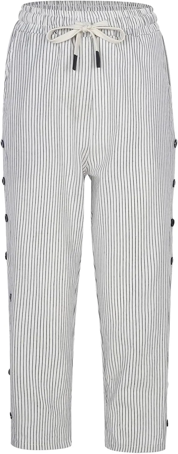2024 Casual Striped Linen Capris Pants for Women Wide Leg Elastic Waist Drawstring Cropped Lounge Trousers with Button Decor