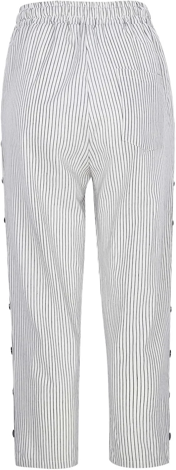 2024 Casual Striped Linen Capris Pants for Women Wide Leg Elastic Waist Drawstring Cropped Lounge Trousers with Button Decor