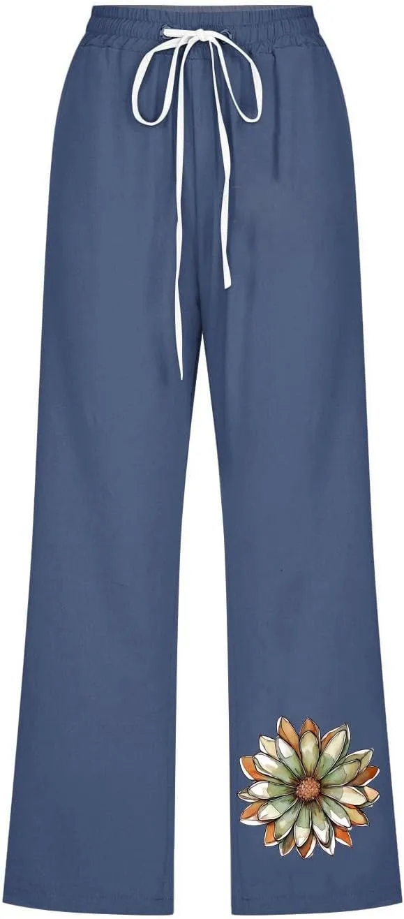 2025 Women's Cotton Linen Elastic Waist Drawstring Pants with Pockets - Printed Capri Pants, Casual Summer Trousers