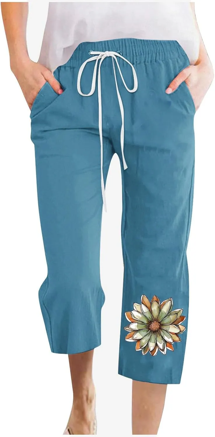 2025 Women's Cotton Linen Elastic Waist Drawstring Pants with Pockets - Printed Capri Pants, Casual Summer Trousers
