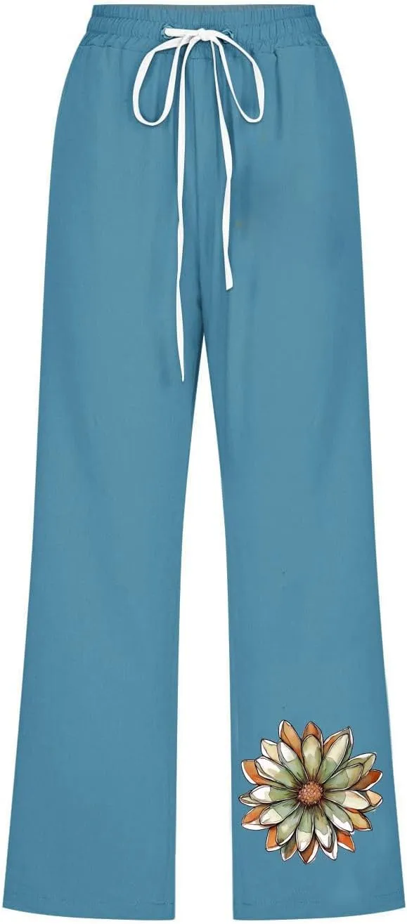 2025 Women's Cotton Linen Elastic Waist Drawstring Pants with Pockets - Printed Capri Pants, Casual Summer Trousers