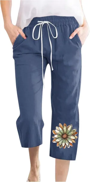 2025 Women's Cotton Linen Elastic Waist Drawstring Pants with Pockets - Printed Capri Pants, Casual Summer Trousers