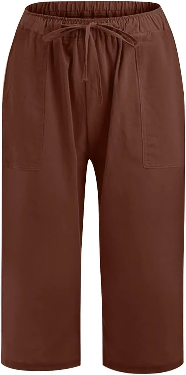 2025 Women's Pure Color Linen Capri Pants - Elastic Waist Casual Trousers with Pockets, Trendy Summer Cropped Pants