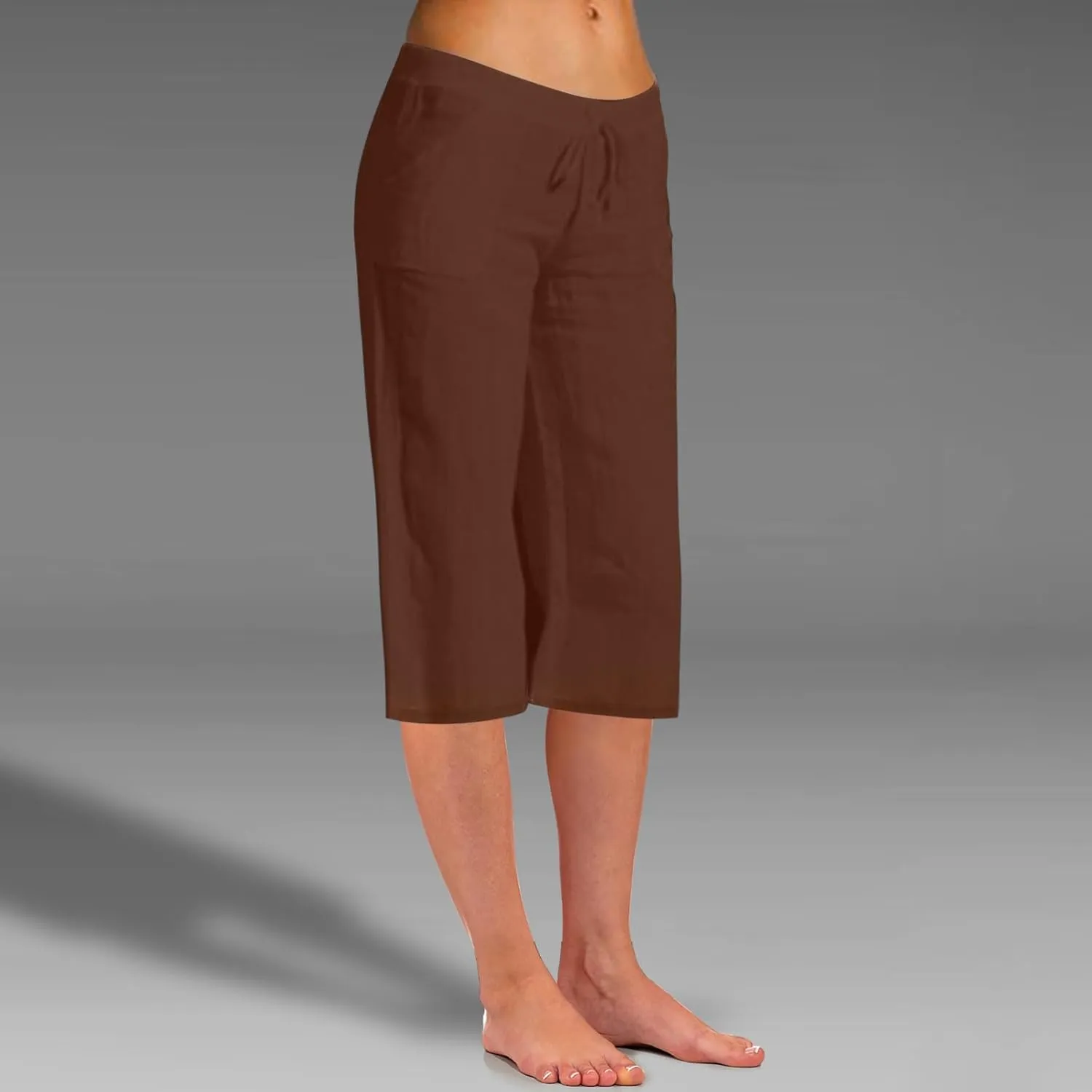 2025 Women's Pure Color Linen Capri Pants - Elastic Waist Casual Trousers with Pockets, Trendy Summer Cropped Pants