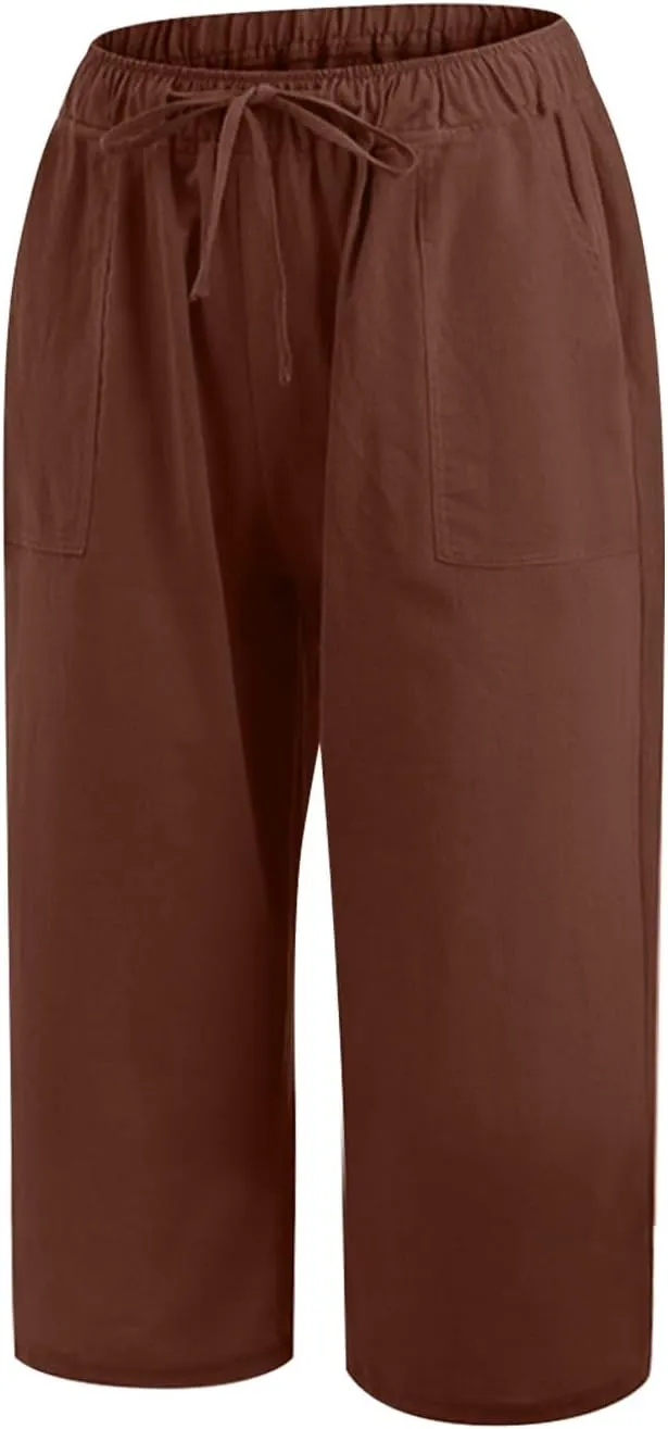2025 Women's Pure Color Linen Capri Pants - Elastic Waist Casual Trousers with Pockets, Trendy Summer Cropped Pants
