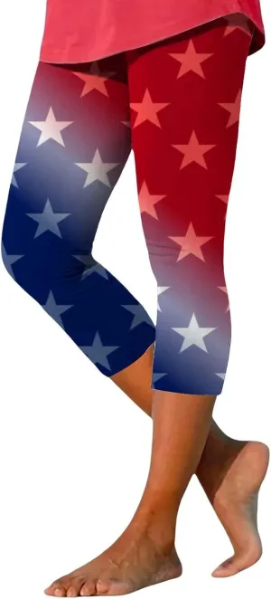 4th of July Capri Leggings for Women Summer High Waist American Flag Yoga Pants Patriotic Cropped Trousers