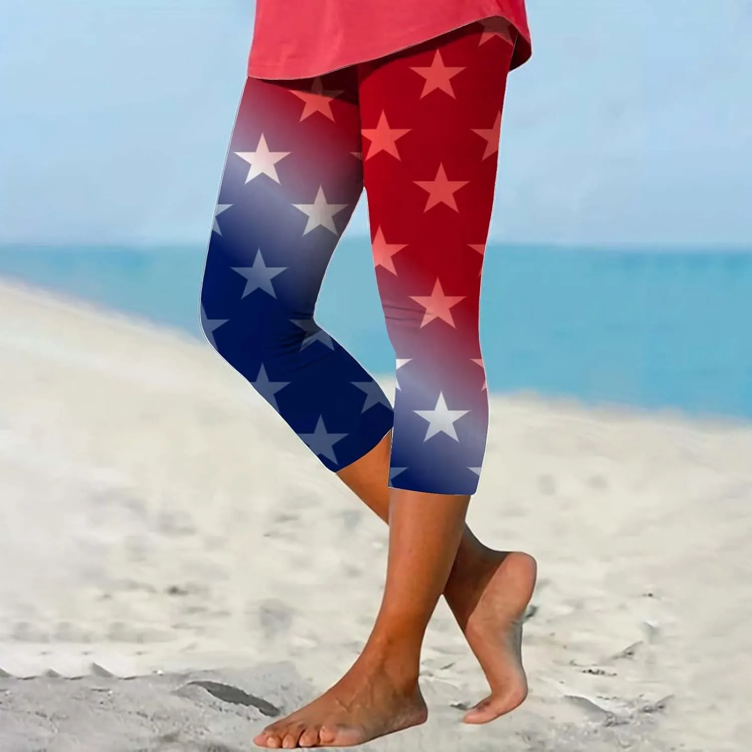4th of July Capri Leggings for Women Summer High Waist American Flag Yoga Pants Patriotic Cropped Trousers