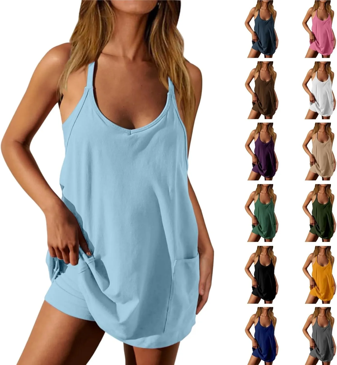 active dress women Short Summer Romper Dress for Women Strappy Athletic Romper Hot Shot Workout Onesie Outfits Boho Beach Resort Wear short dresser Blue XXL