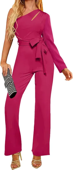 AUXDIO Womens Summer One Shoulder Cutout Elegant Casual Sleeveless High Waist Belted Wide Leg Jumpsuits