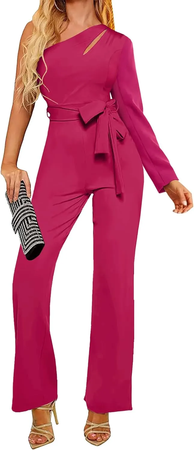 AUXDIO Womens Summer One Shoulder Cutout Elegant Casual Sleeveless High Waist Belted Wide Leg Jumpsuits