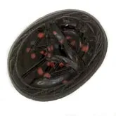 Black Egyptian Scarab Cabochon, heiroglyphs, red spots. 16x12mm Pkg 1. b5-0138g