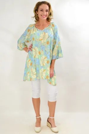 Bold Yellow Flower Pearl Button Tunic Top