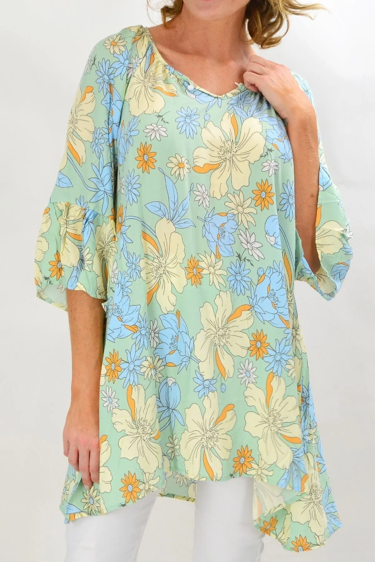 Bold Yellow Flower Pearl Button Tunic Top