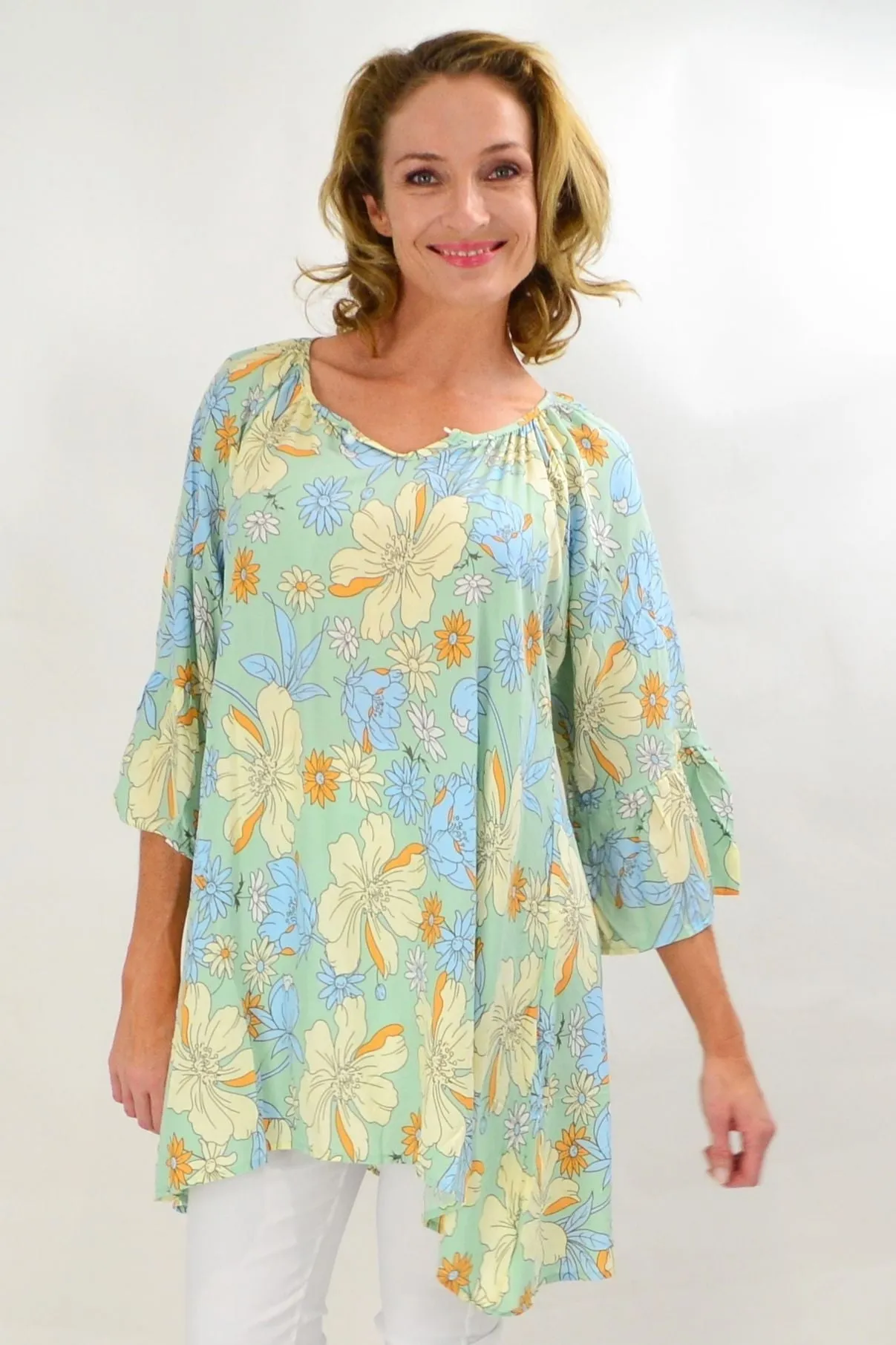 Bold Yellow Flower Pearl Button Tunic Top