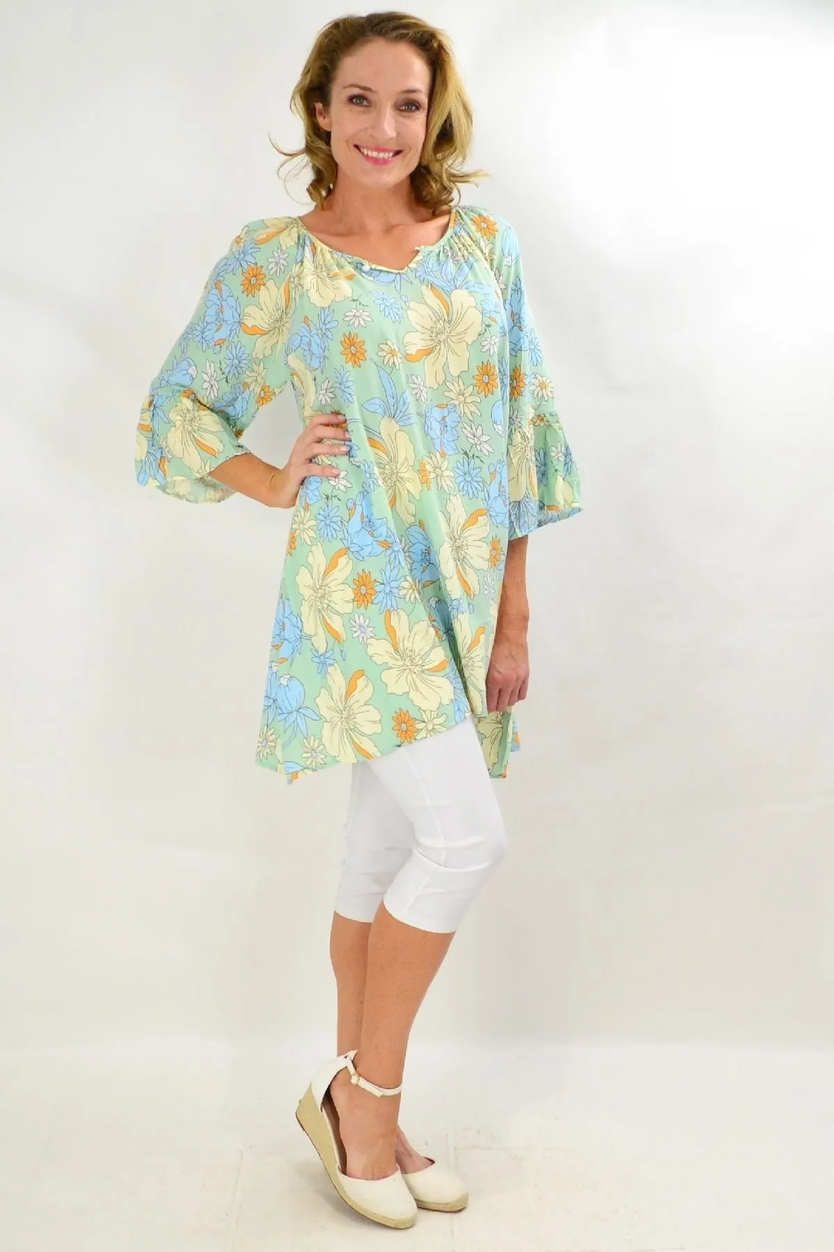 Bold Yellow Flower Pearl Button Tunic Top