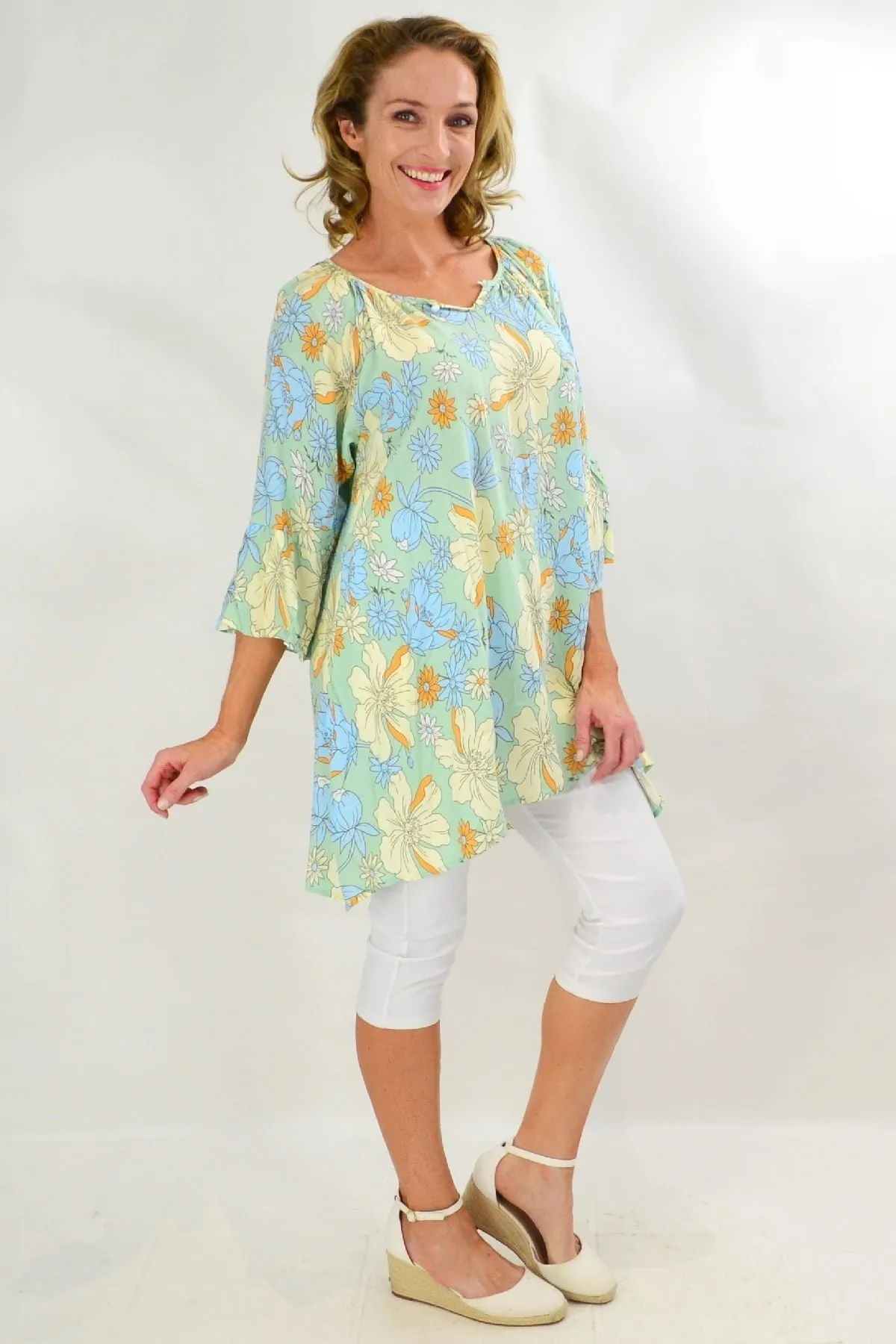 Bold Yellow Flower Pearl Button Tunic Top