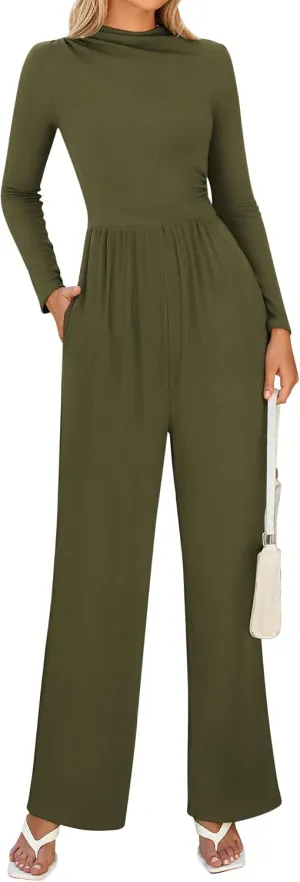 BTFBM Jumpsuits For Women Dressy Long Sleeve Wide Pants Rompers Mock Neck Ruched 2025 Casual Spring One Piece Jumpsuit