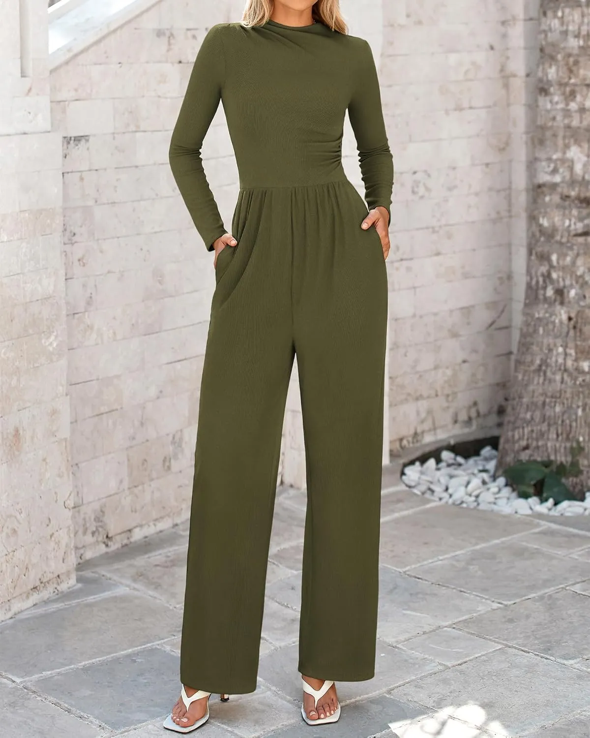 BTFBM Jumpsuits For Women Dressy Long Sleeve Wide Pants Rompers Mock Neck Ruched 2025 Casual Spring One Piece Jumpsuit