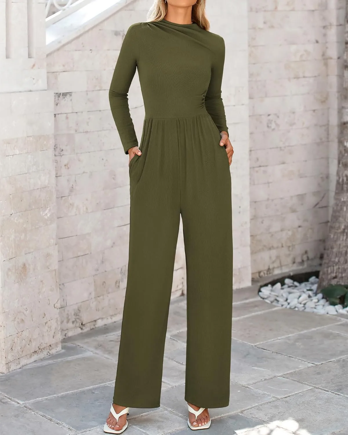 BTFBM Jumpsuits For Women Dressy Long Sleeve Wide Pants Rompers Mock Neck Ruched 2025 Casual Spring One Piece Jumpsuit