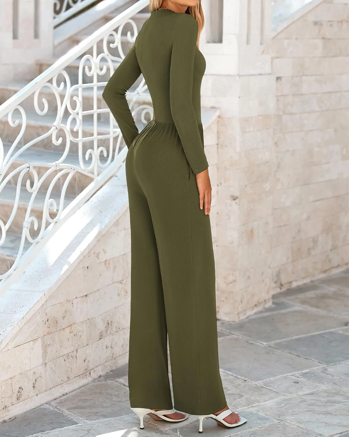 BTFBM Jumpsuits For Women Dressy Long Sleeve Wide Pants Rompers Mock Neck Ruched 2025 Casual Spring One Piece Jumpsuit