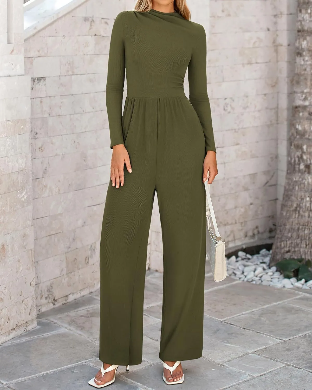 BTFBM Jumpsuits For Women Dressy Long Sleeve Wide Pants Rompers Mock Neck Ruched 2025 Casual Spring One Piece Jumpsuit