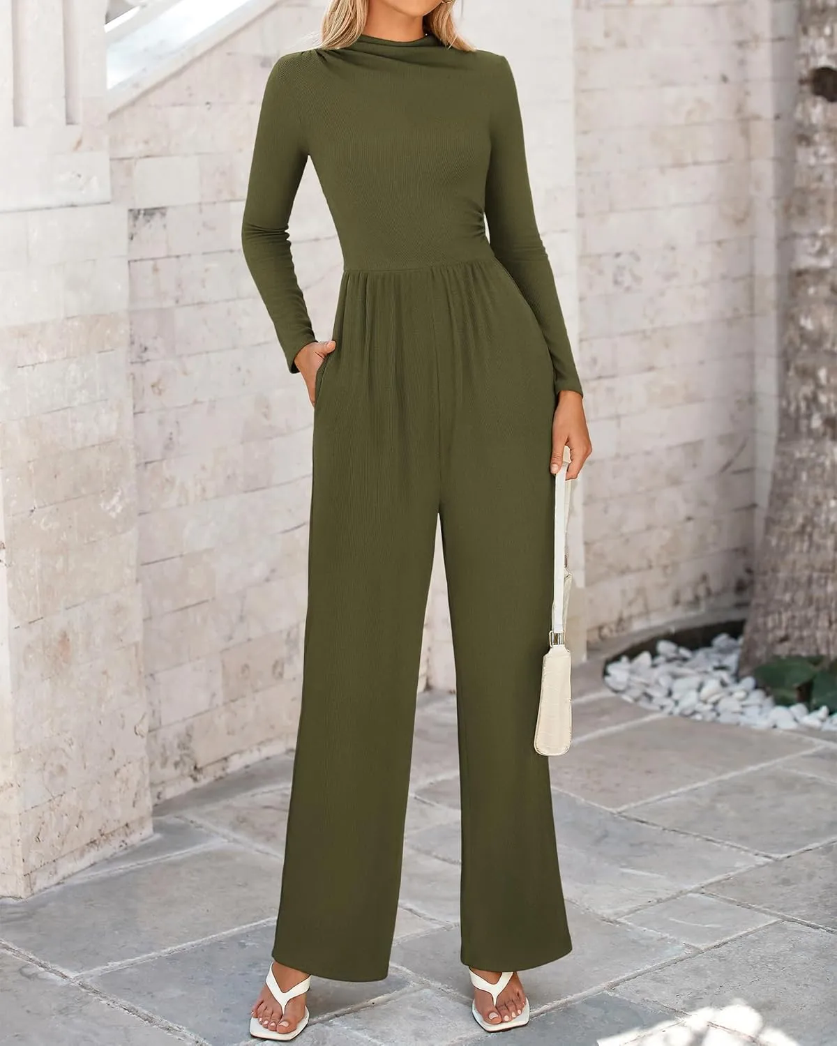 BTFBM Jumpsuits For Women Dressy Long Sleeve Wide Pants Rompers Mock Neck Ruched 2025 Casual Spring One Piece Jumpsuit