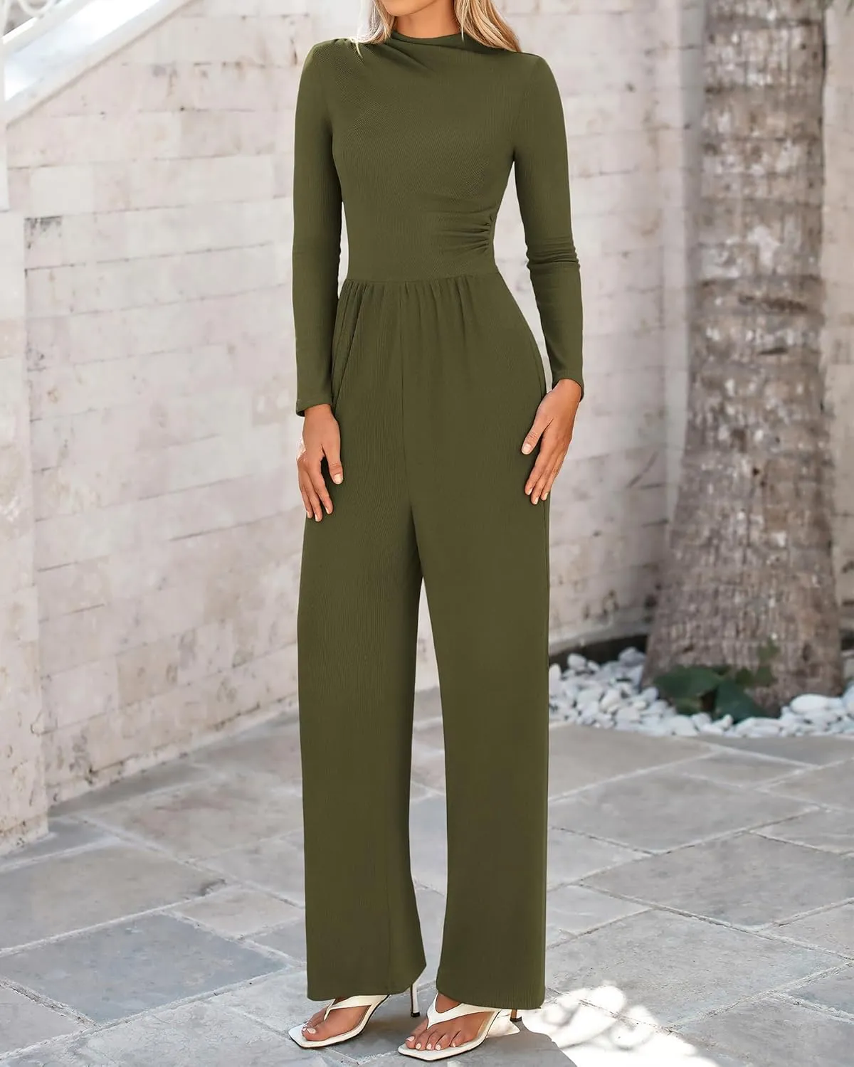 BTFBM Jumpsuits For Women Dressy Long Sleeve Wide Pants Rompers Mock Neck Ruched 2025 Casual Spring One Piece Jumpsuit