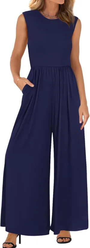 BTFBM Womens Casual Jumpsuits Dressy 2025 Summer One Piece Outfits Crew Neck Sleeveless Knit Wide Leg Pants Romper