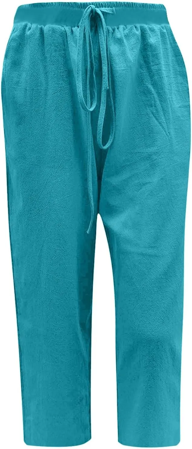 Capri Linen Pants Women Summer Drawstring Pockets Wide Leg Capris Loose Casual Palazzo Capris Beach Vacation Outfits