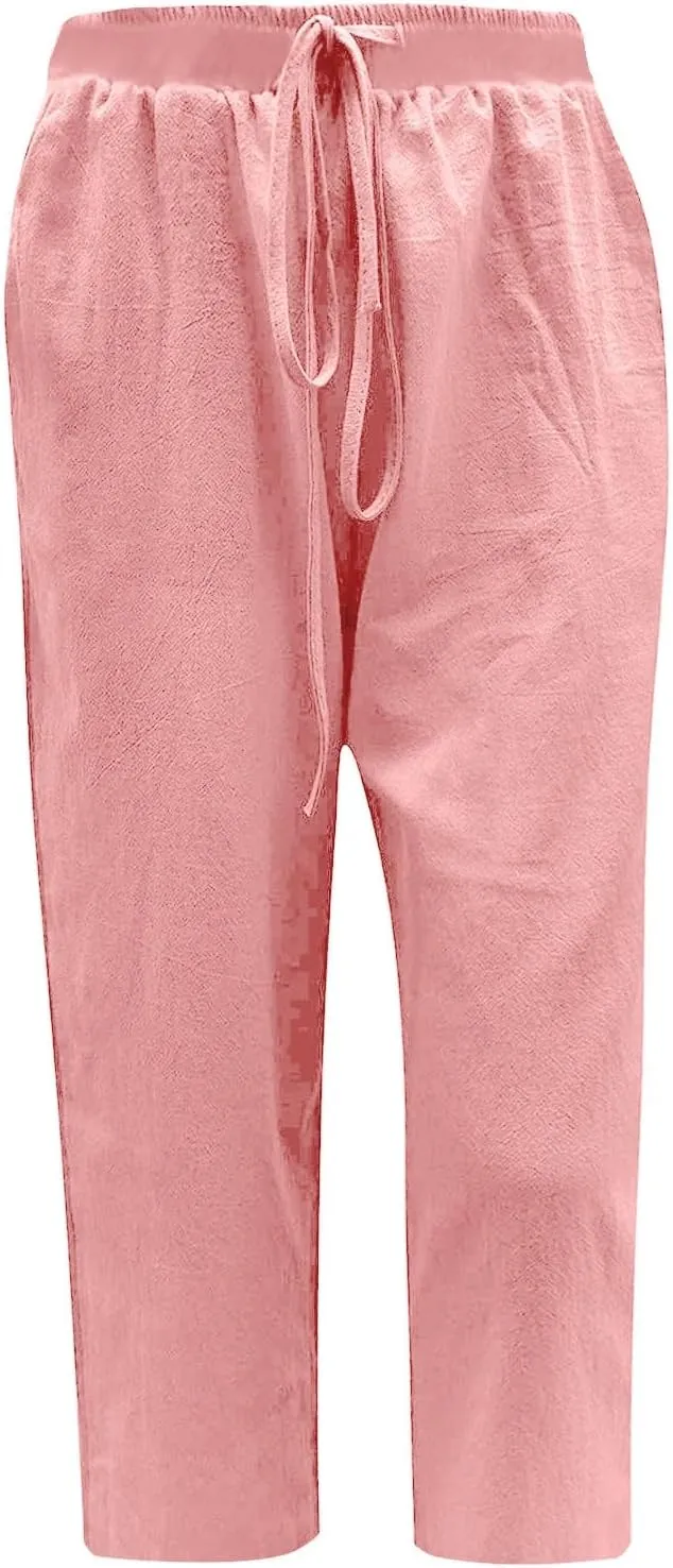 Capri Linen Pants Women Summer Drawstring Pockets Wide Leg Capris Loose Casual Palazzo Capris Beach Vacation Outfits