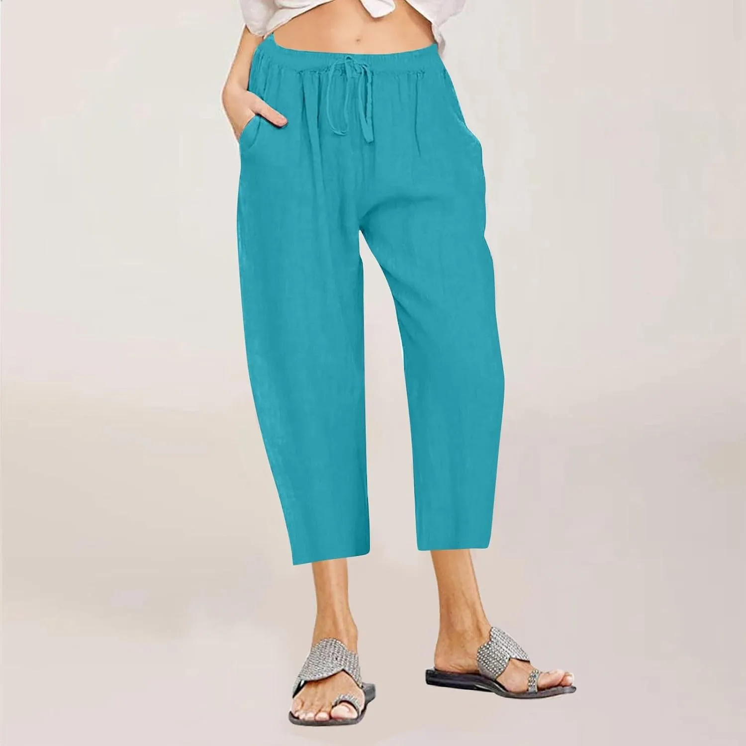 Capri Linen Pants Women Summer Drawstring Pockets Wide Leg Capris Loose Casual Palazzo Capris Beach Vacation Outfits