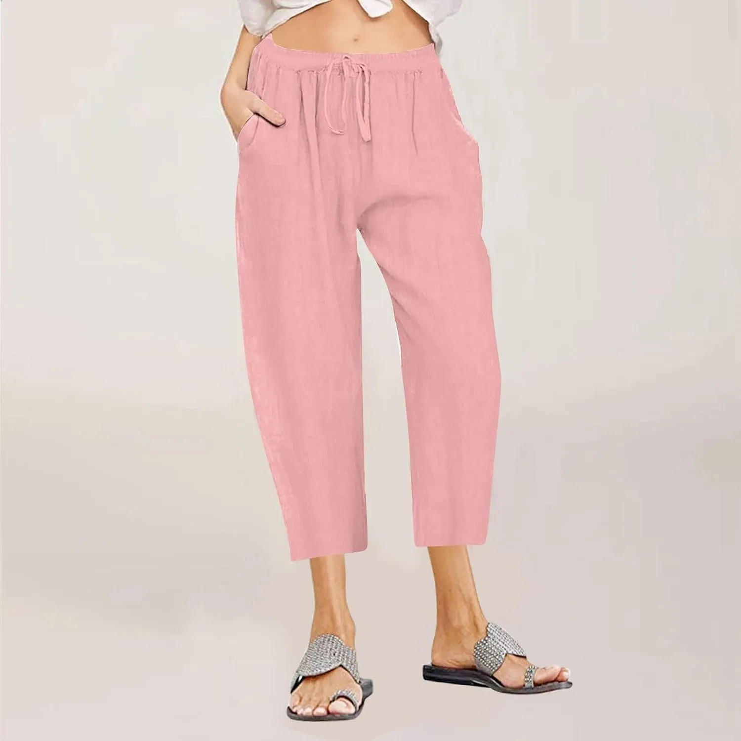 Capri Linen Pants Women Summer Drawstring Pockets Wide Leg Capris Loose Casual Palazzo Capris Beach Vacation Outfits