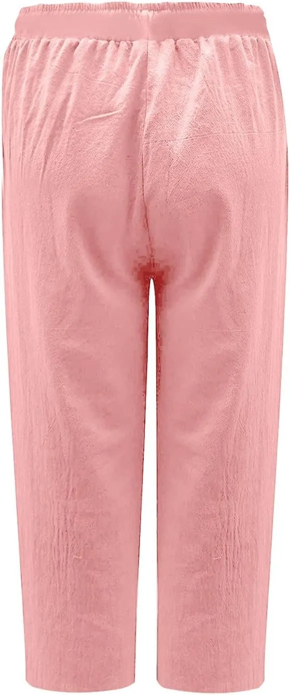 Capri Linen Pants Women Summer Drawstring Pockets Wide Leg Capris Loose Casual Palazzo Capris Beach Vacation Outfits