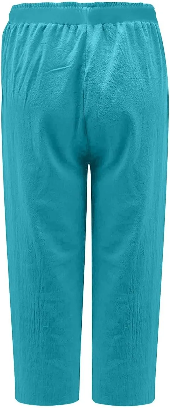 Capri Linen Pants Women Summer Drawstring Pockets Wide Leg Capris Loose Casual Palazzo Capris Beach Vacation Outfits