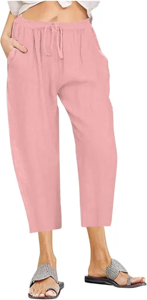 Capri Linen Pants Women Summer Drawstring Pockets Wide Leg Capris Loose Casual Palazzo Capris Beach Vacation Outfits