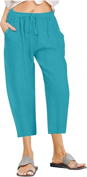 Capri Linen Pants Women Summer Drawstring Pockets Wide Leg Capris Loose Casual Palazzo Capris Beach Vacation Outfits