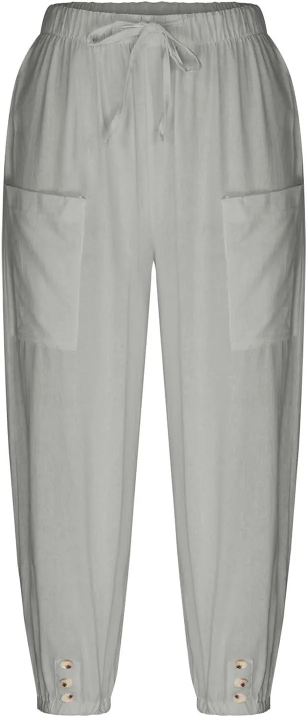 Capri Pants for Women Bottom Button Cropped Linen Pants Drawstring Elastic Waist High Waist Wide Leg Trouser