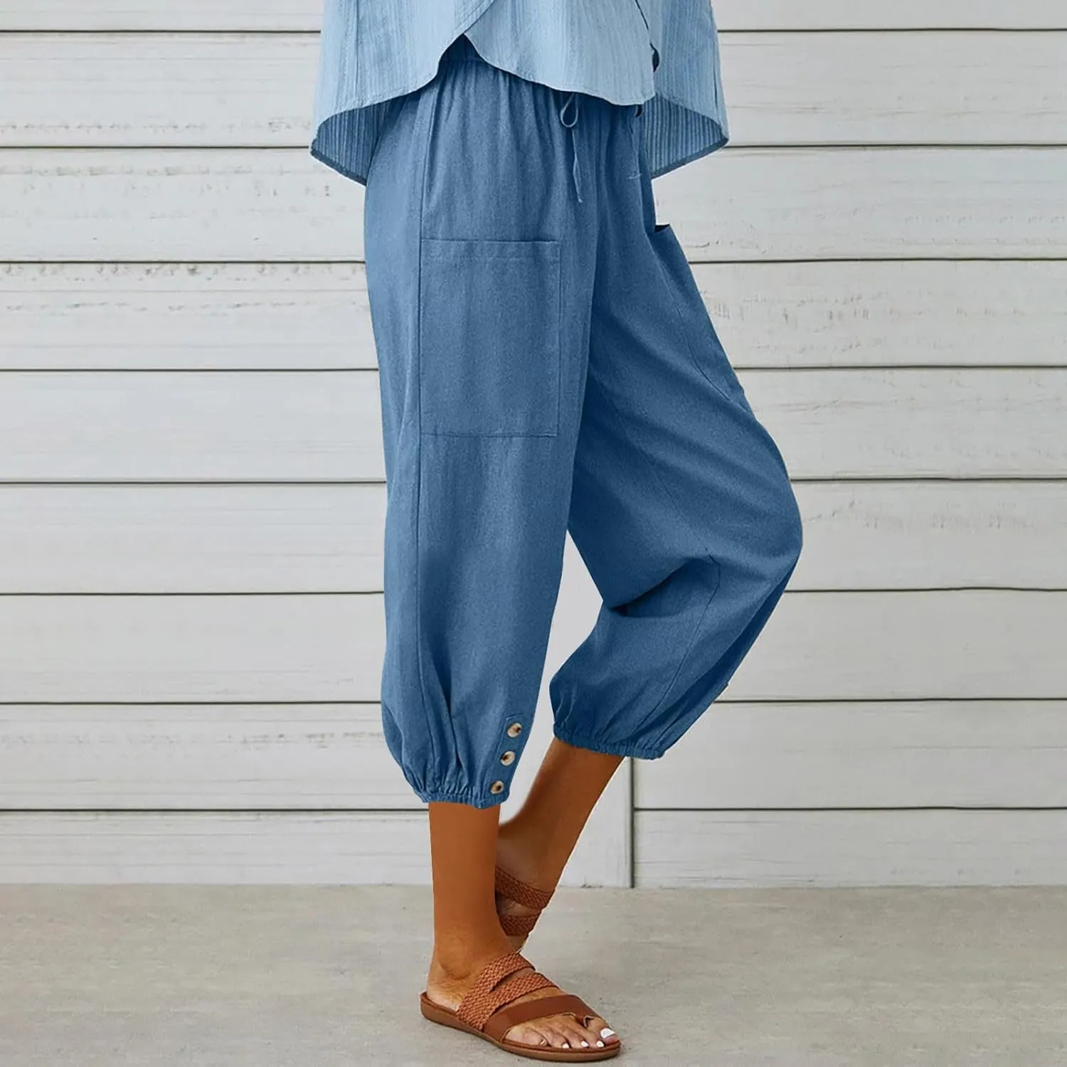 Capri Pants for Women Bottom Button Cropped Linen Pants Drawstring Elastic Waist High Waist Wide Leg Trouser