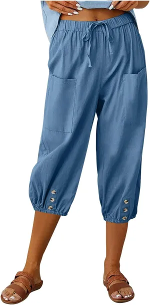 Capri Pants for Women Bottom Button Cropped Linen Pants Drawstring Elastic Waist High Waist Wide Leg Trouser