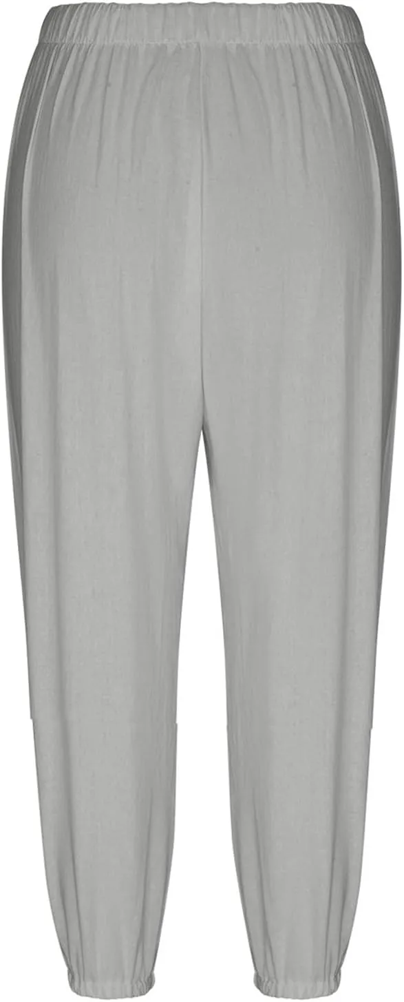 Capri Pants for Women Bottom Button Cropped Linen Pants Drawstring Elastic Waist High Waist Wide Leg Trouser