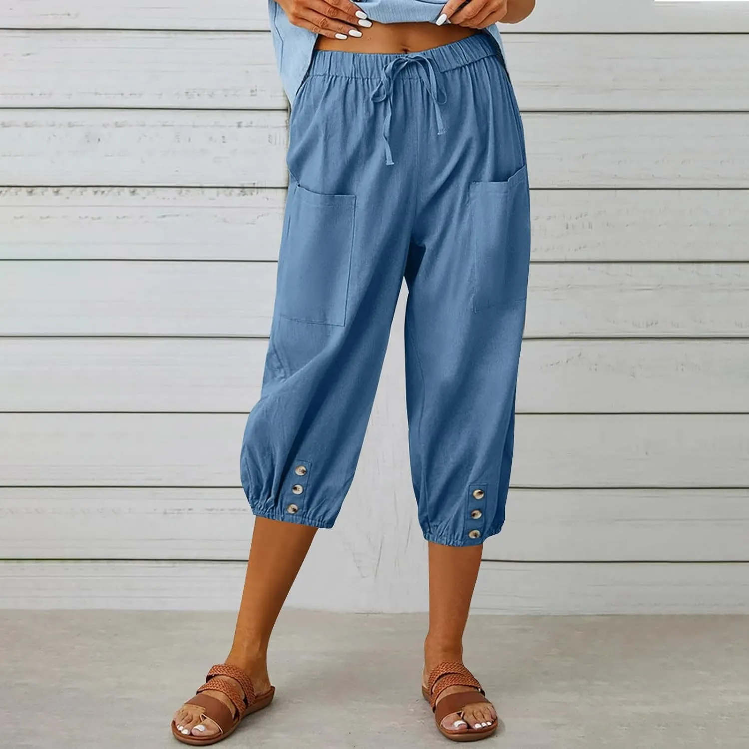 Capri Pants for Women Bottom Button Cropped Linen Pants Drawstring Elastic Waist High Waist Wide Leg Trouser