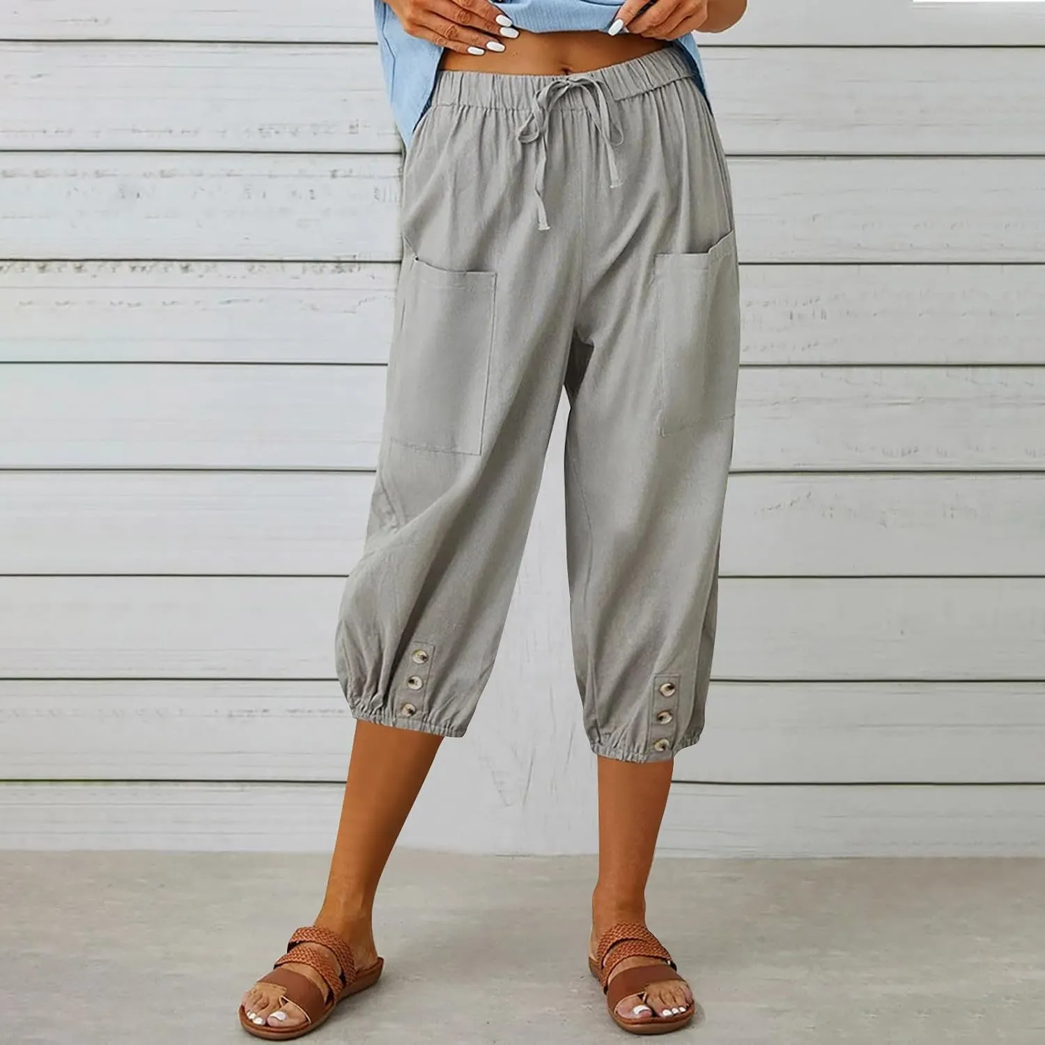 Capri Pants for Women Bottom Button Cropped Linen Pants Drawstring Elastic Waist High Waist Wide Leg Trouser