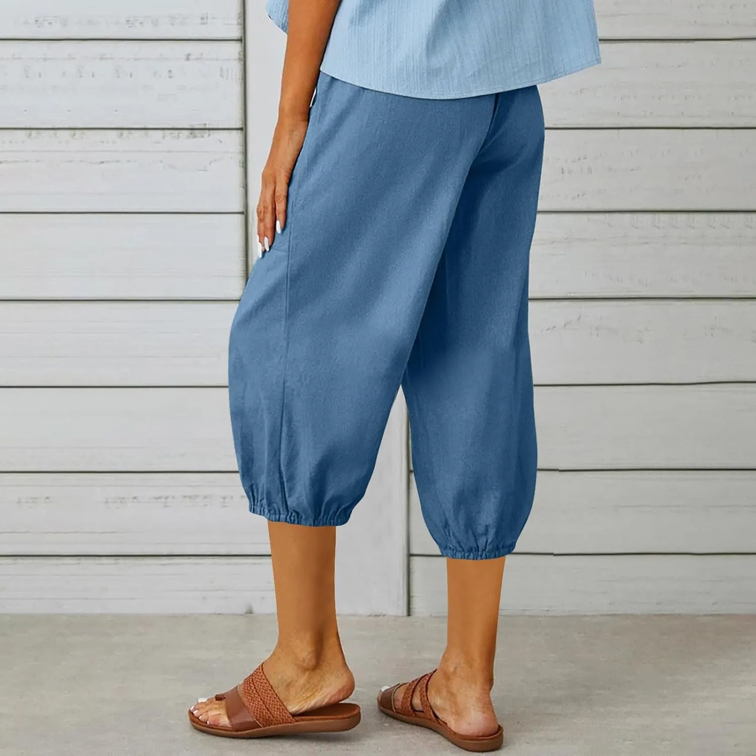 Capri Pants for Women Bottom Button Cropped Linen Pants Drawstring Elastic Waist High Waist Wide Leg Trouser