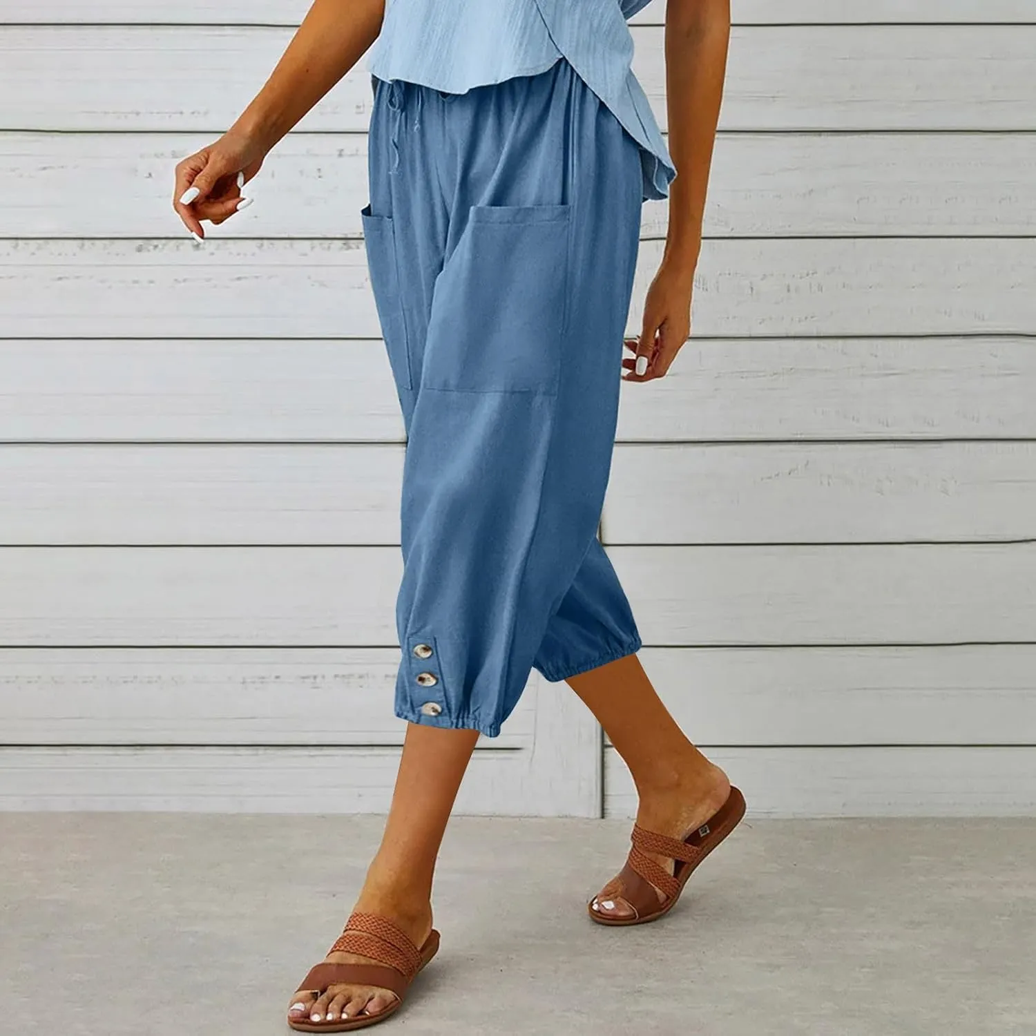 Capri Pants for Women Bottom Button Cropped Linen Pants Drawstring Elastic Waist High Waist Wide Leg Trouser