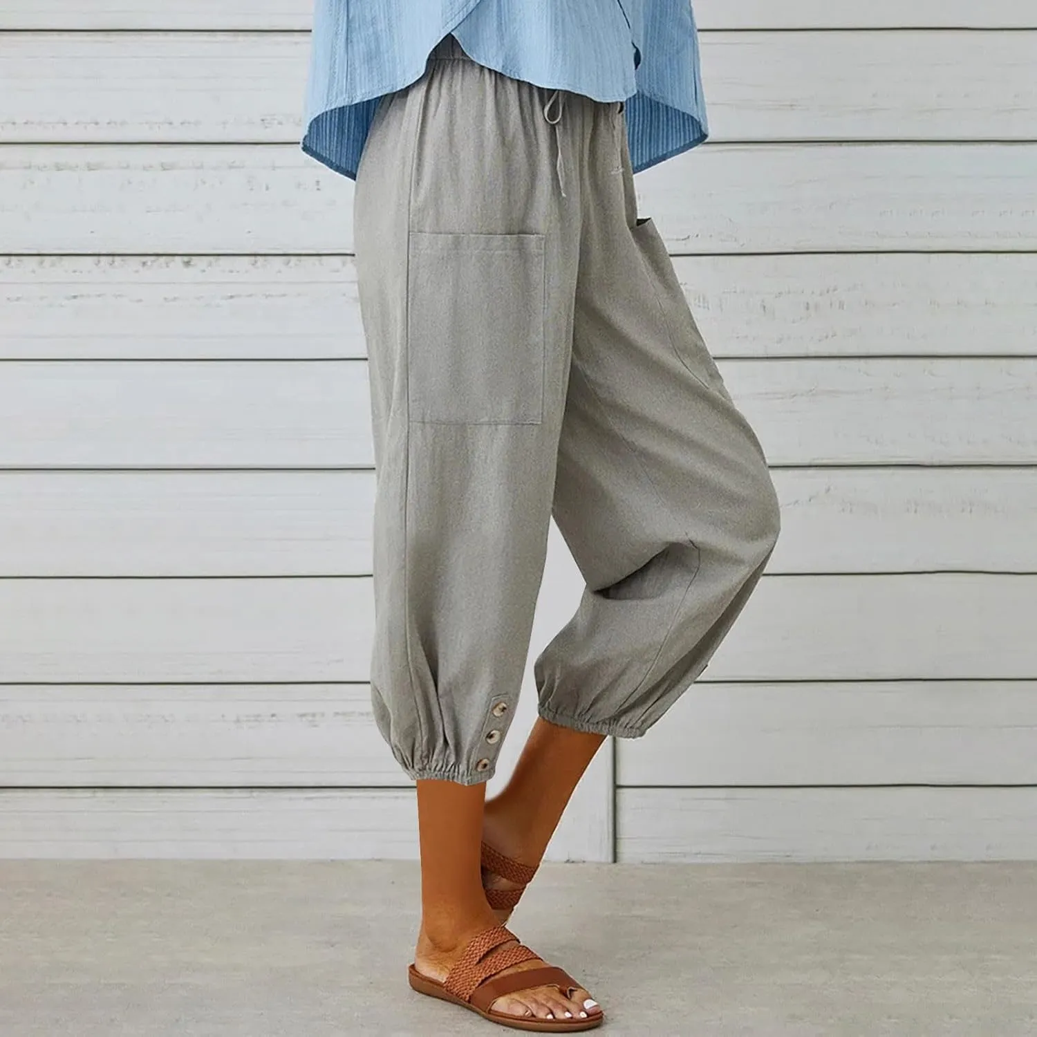 Capri Pants for Women Bottom Button Cropped Linen Pants Drawstring Elastic Waist High Waist Wide Leg Trouser