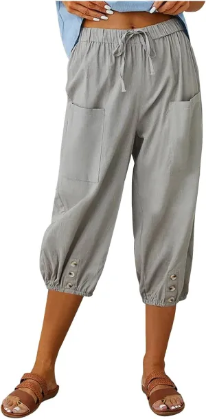 Capri Pants for Women Bottom Button Cropped Linen Pants Drawstring Elastic Waist High Waist Wide Leg Trouser
