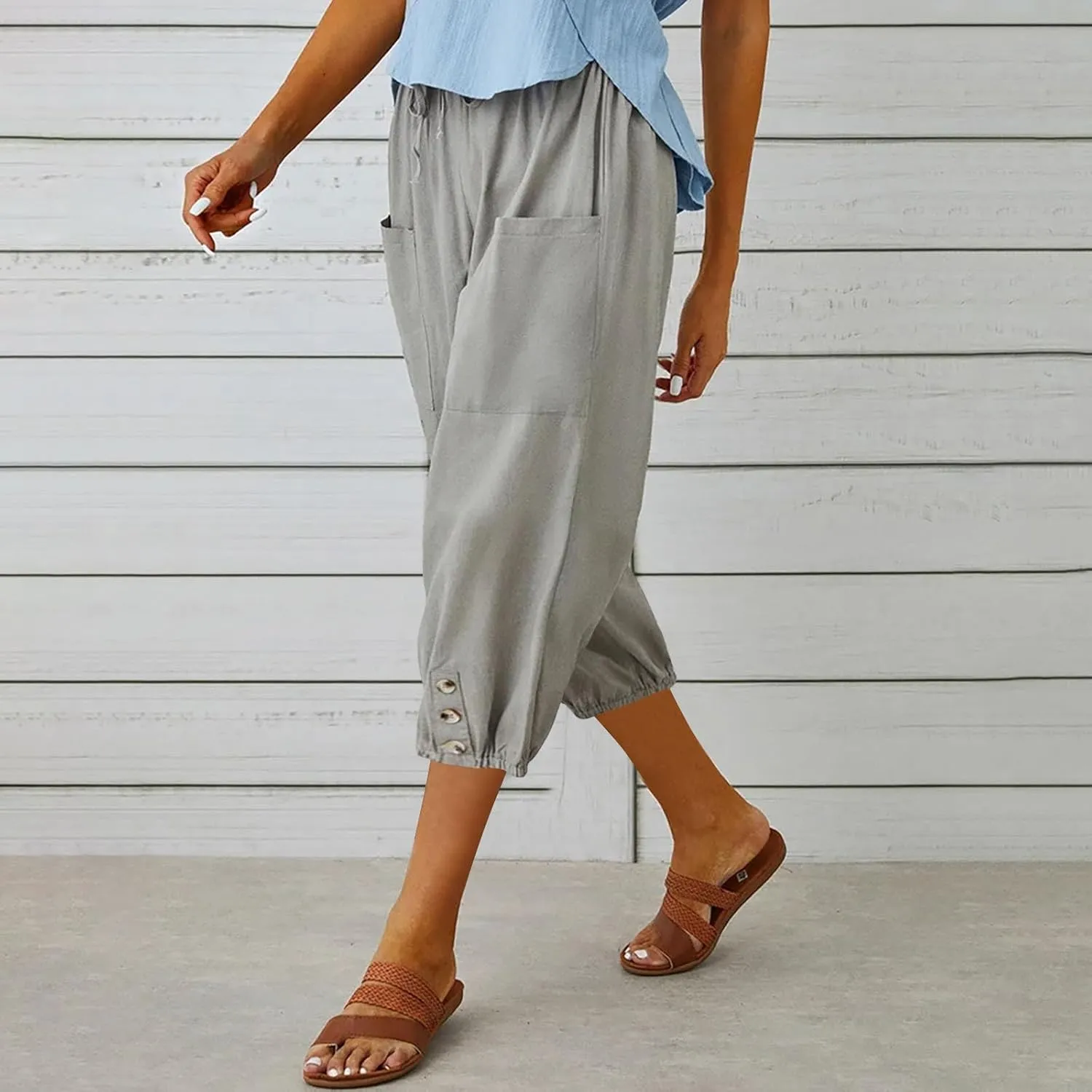 Capri Pants for Women Bottom Button Cropped Linen Pants Drawstring Elastic Waist High Waist Wide Leg Trouser